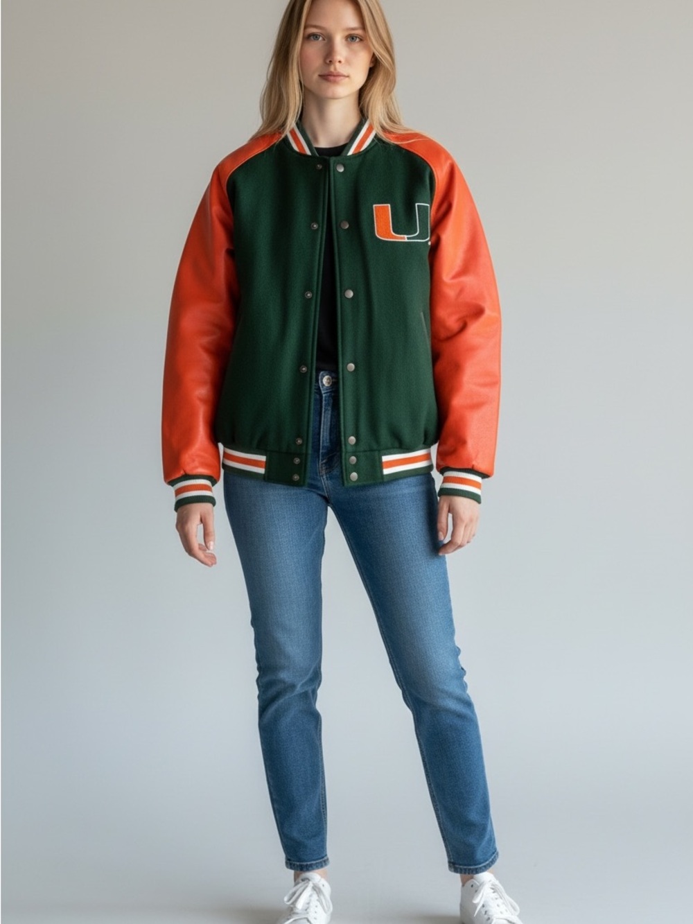 Steve & Barry's Green & Orange Varsity Jacket with U Patch